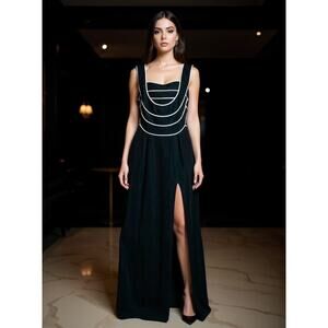 Vintage Bari Jay Black Gown 5/6 – Cowl Neck White Piping 90s Formal Dress